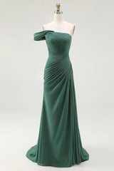 Dark Green One Shoulder Sheath Pleated Long Formal Dress