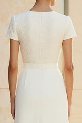 White Jacquard Round Neck Midi Formal Dress with Short Sleeves