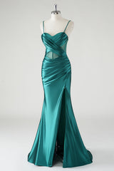 Dark Green Ruched Corset Satin Slit Mermaid Prom Dress with Lace-up Back