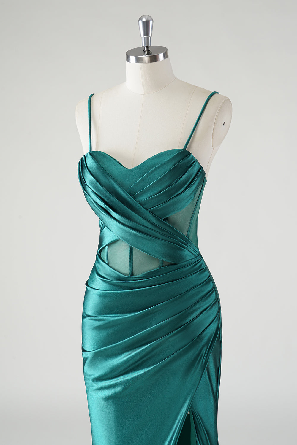 Dark Green Ruched Corset Satin Slit Mermaid Prom Dress with Lace-up Back