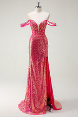 Sparkly Fuchsia Mermaid Sequined Off The Shoulder Prom Dress