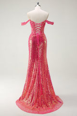 Sparkly Fuchsia Mermaid Sequined Off The Shoulder Prom Dress