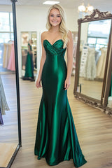 Satin Sheath Ruched Sweetheart Dark Green Prom Dress