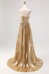 Pleated A Line Metallic Satin Gold Prom Dress