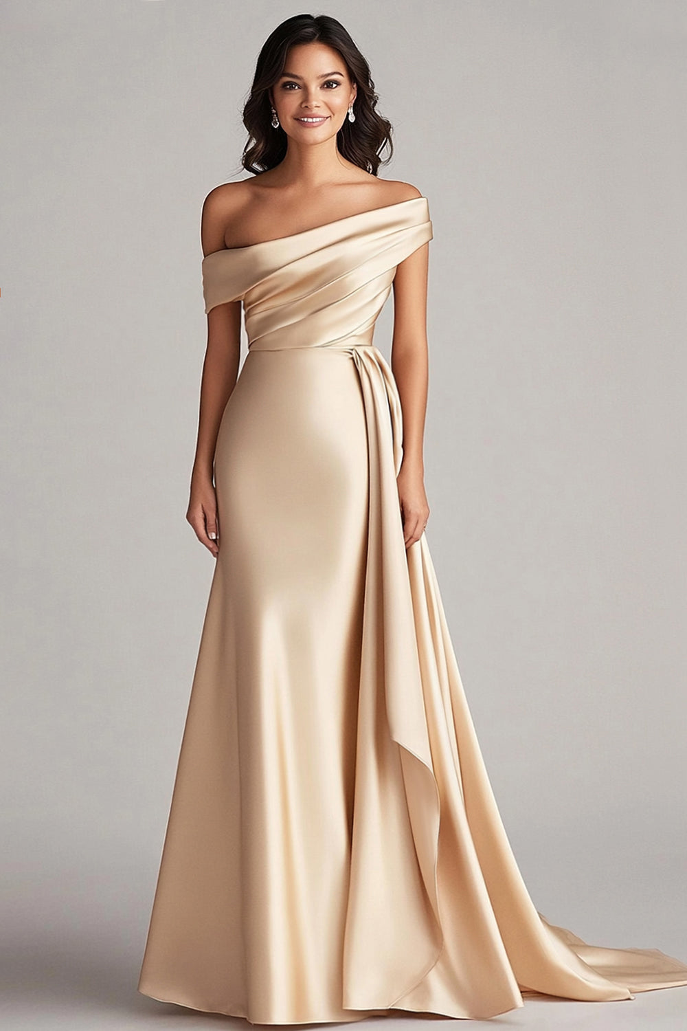 Off the Shoulder Satin Champagne Formal Dress with Drape