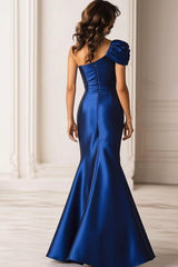 Dark Blue Satin Mermaid Pleated One Shoulder Military Ball Dress