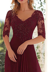 Burgundy Lace Appliqued A Line Chiffon Long Mother Of the Bride Dress