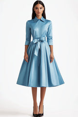 Blue A Line Flared Front Button Closures Midi Formal Dress with Long Sleeves