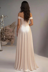 Elegant Champagne A-Line Off the Shoulder Satin Long Prom Dress