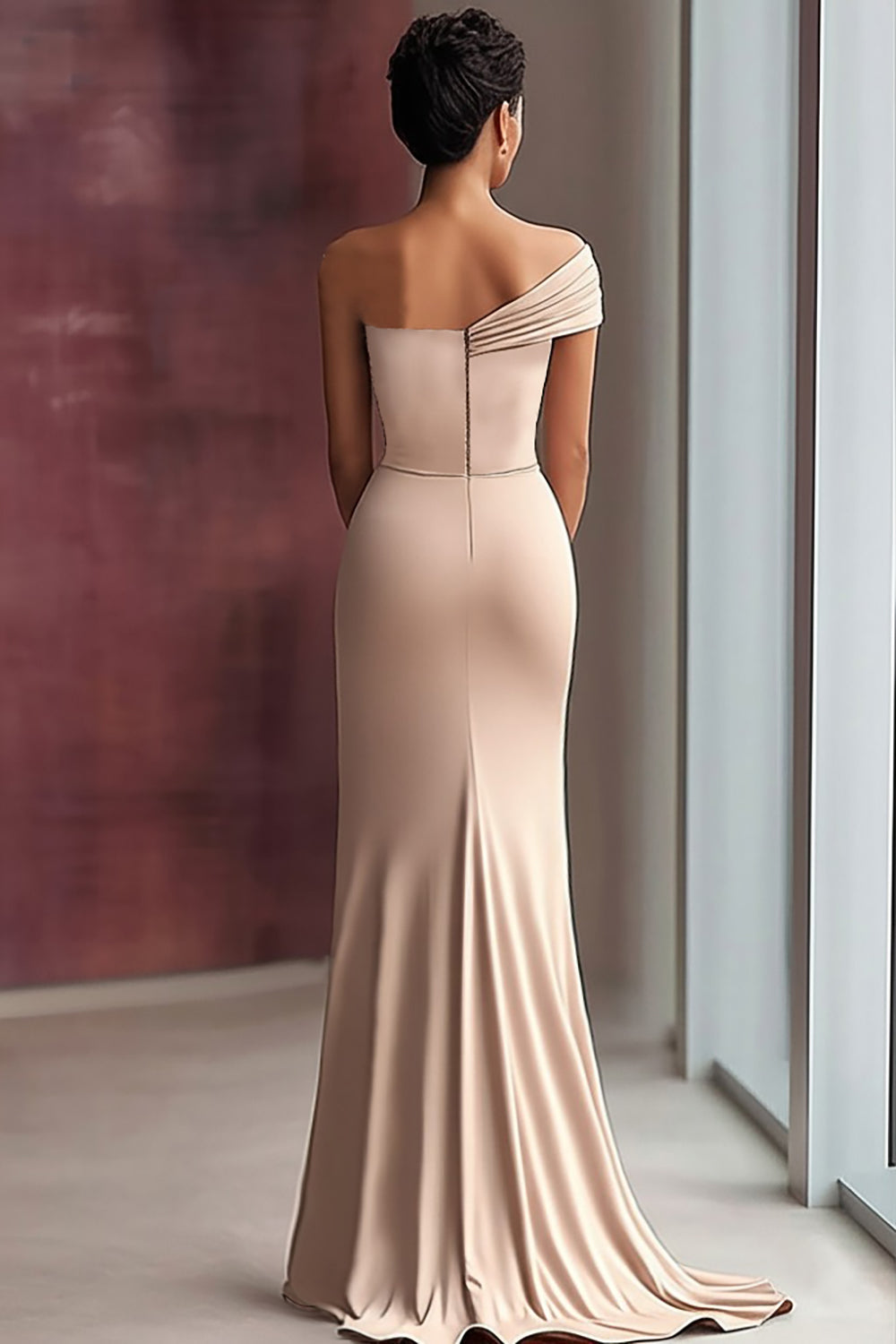 Light Khaki One Shoulder Sheath Pleated Satin Gala Dress