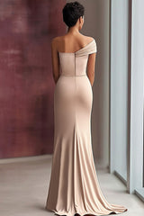 Light Khaki One Shoulder Sheath Pleated Satin Gala Dress
