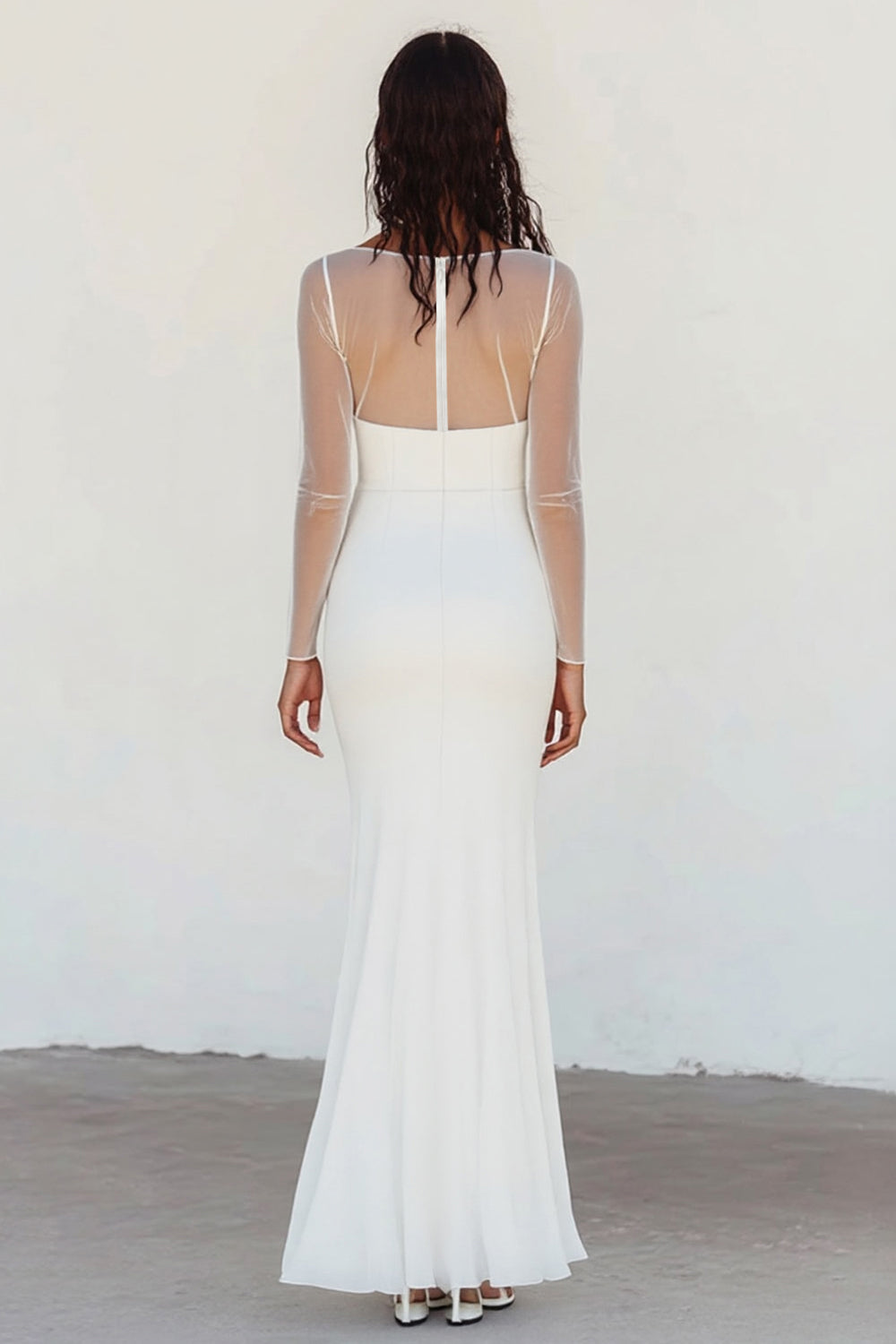 White Boat Neck Chiffon Long Sleeve Wedding Dress