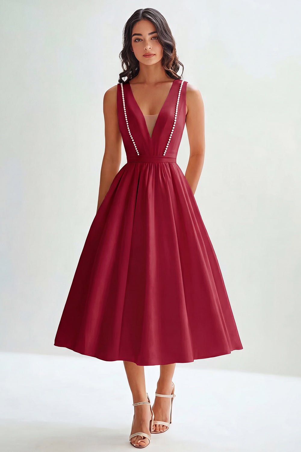 Satin A Line V Neck Midi Graduation Dress