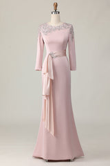 Blush Appliqued Long Sleeve Sheath Mother Of The Bride Dress with Sash