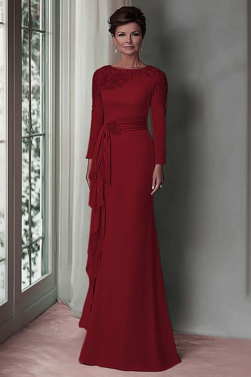 Blush Appliqued Long Sleeve Sheath Mother Of The Bride Dress with Sash