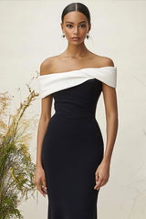 Off the Shoulder Black Matte Satin Mermaid Formal Dress
