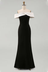 Off the Shoulder Black Matte Satin Mermaid Formal Dress