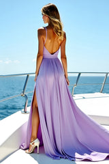 V-Neck A Line Long Purple Wedding Guest Dress With Slit