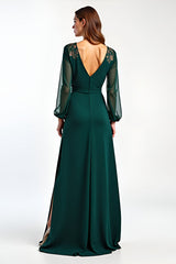 Pine A Line V-Neck Illusion Long Sleeve Formal Dress With Slit