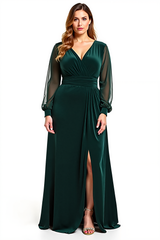 Long Sleeve V-Neck Plus Size Pine Velvet Formal Dress With Slit