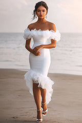 Off The Shoulder Asymmetrical Ruffled White Graduation Dress