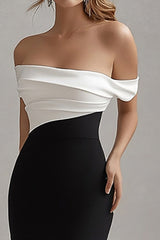 Elegant Off the Shoulder Black White Formal Dress with Slit