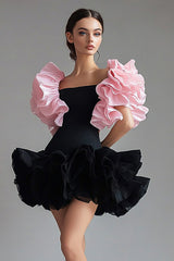 Chic Ruffled A Line Black Pink Mini Dress