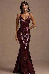 Burgundy V-Neck Long Formal Dress With Sequins