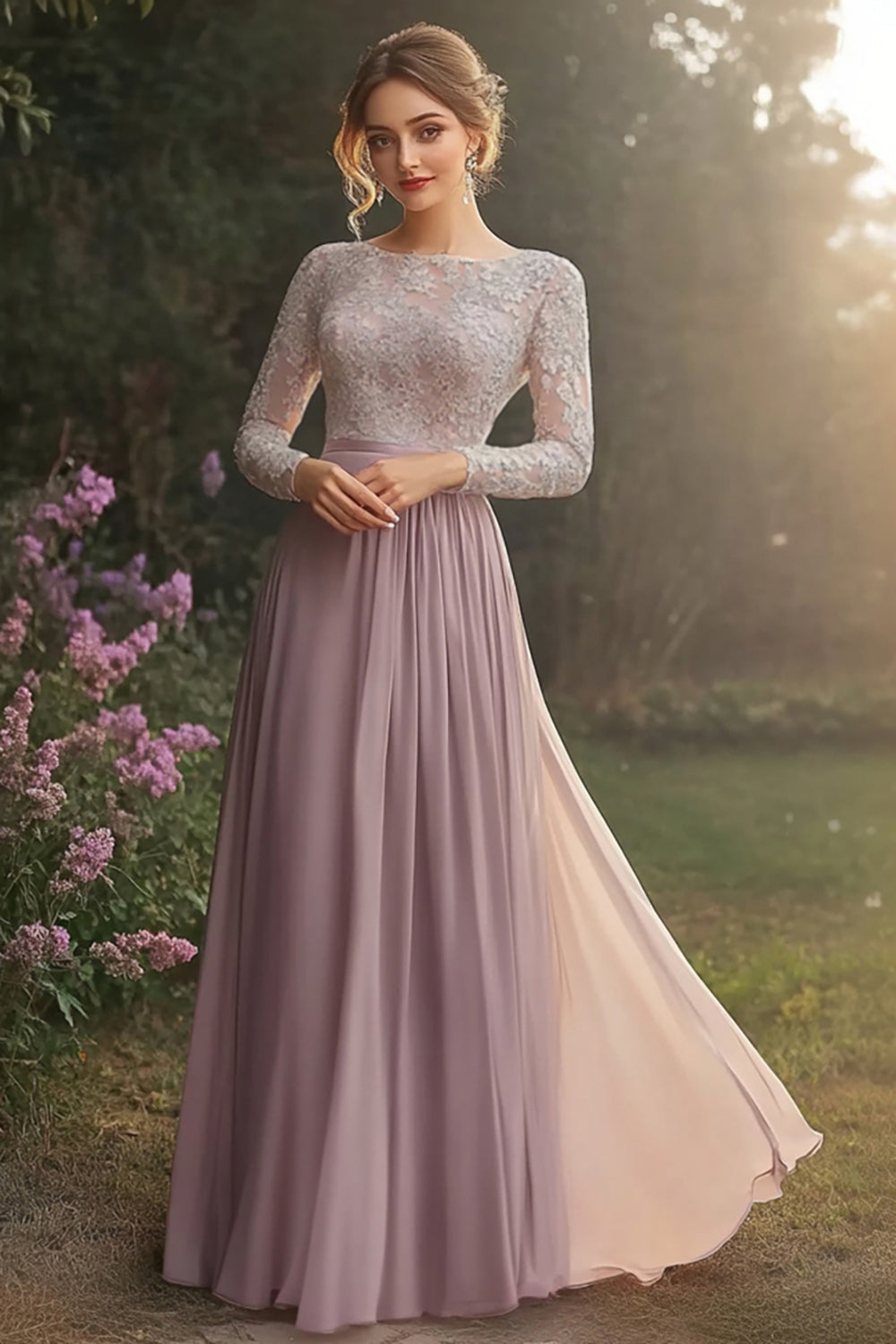 Grey Pink A Line Lace Long Sleeve Mother of the Bride Dress