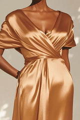 Gold V-Neck Satin Long Formal Dress