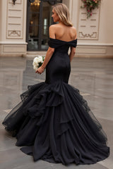 Off The Shoulder Ruffles Tiered Mermaid Black Wedding Dress