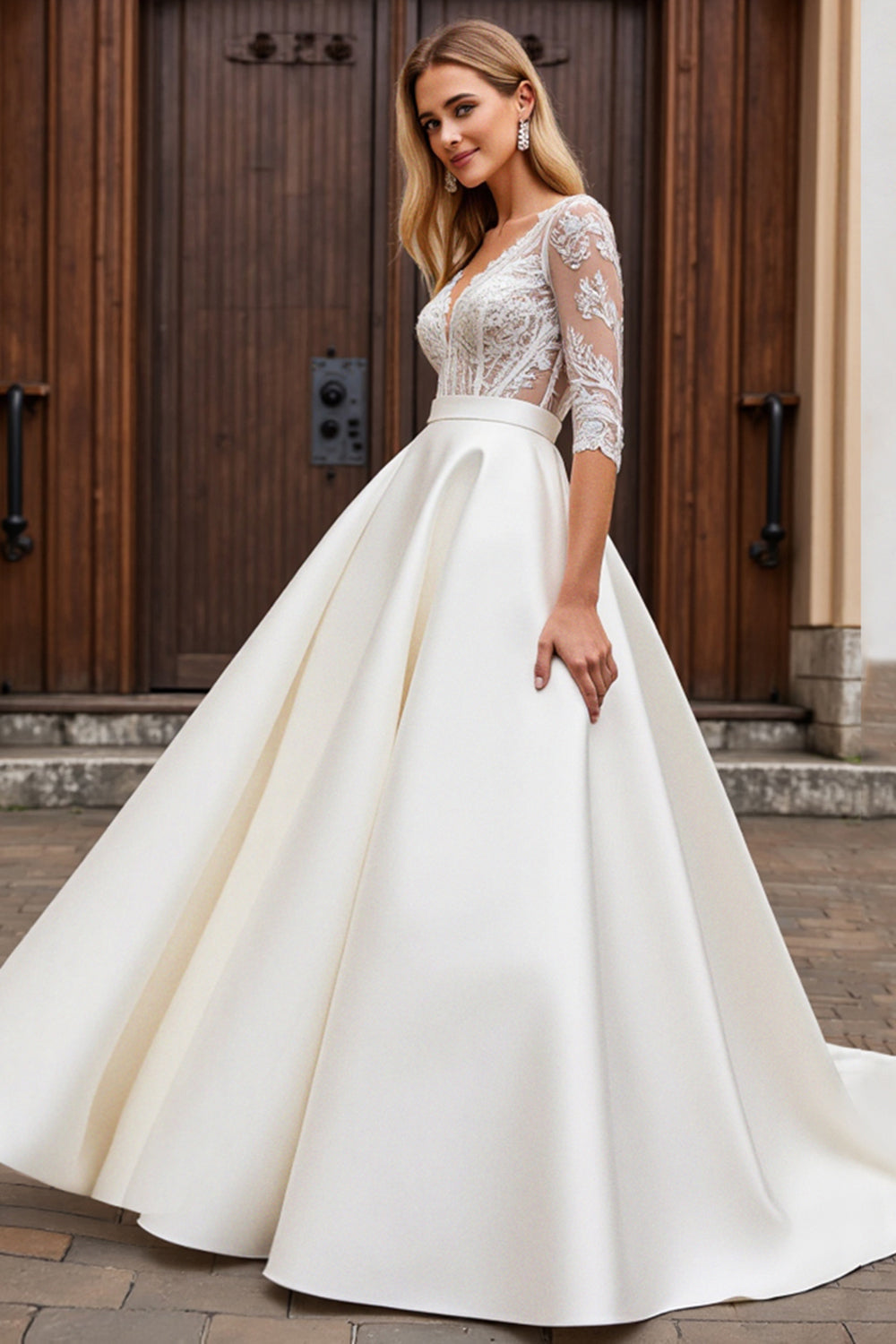 Ivory Lace Half Sleeve A Line Wedding Dress