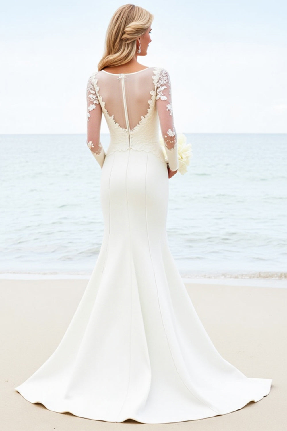 Lace Ivory Mermaid Illusion Long Sleeve Wedding Dress