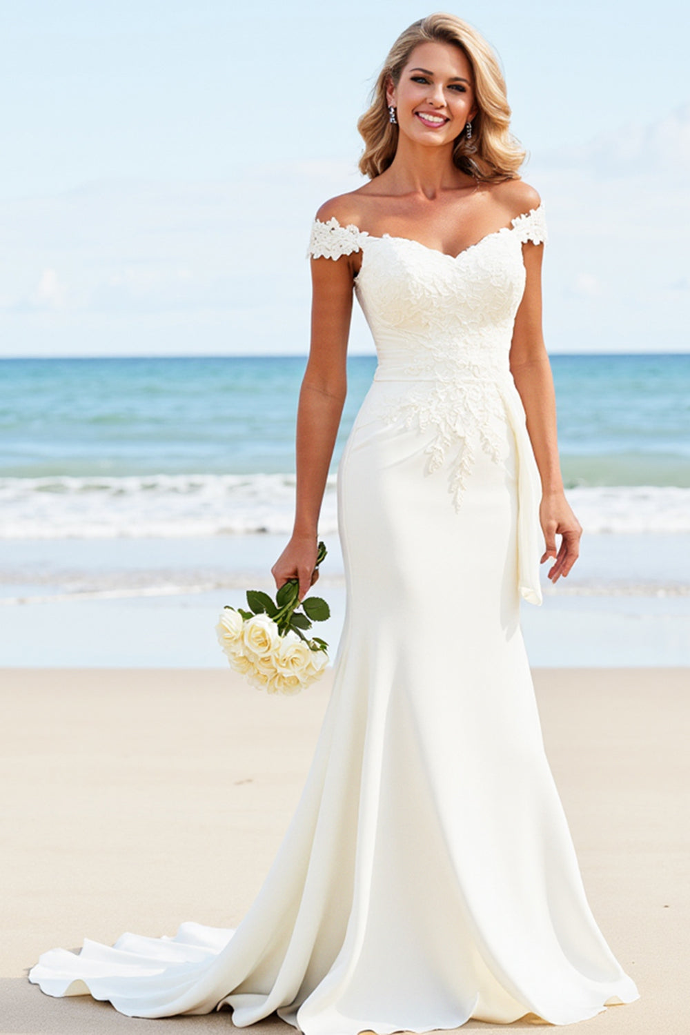 Lace Ivory Stretch Satin Mermaid Off the Shoulder Wedding Dress