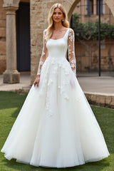 Lace Ivory A Line Tulle Long Sleeve Wedding Dress