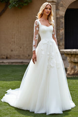 Lace Ivory A Line Tulle Long Sleeve Wedding Dress