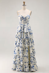 Blue Flower A Line Ruffle Prom Dress With Slit