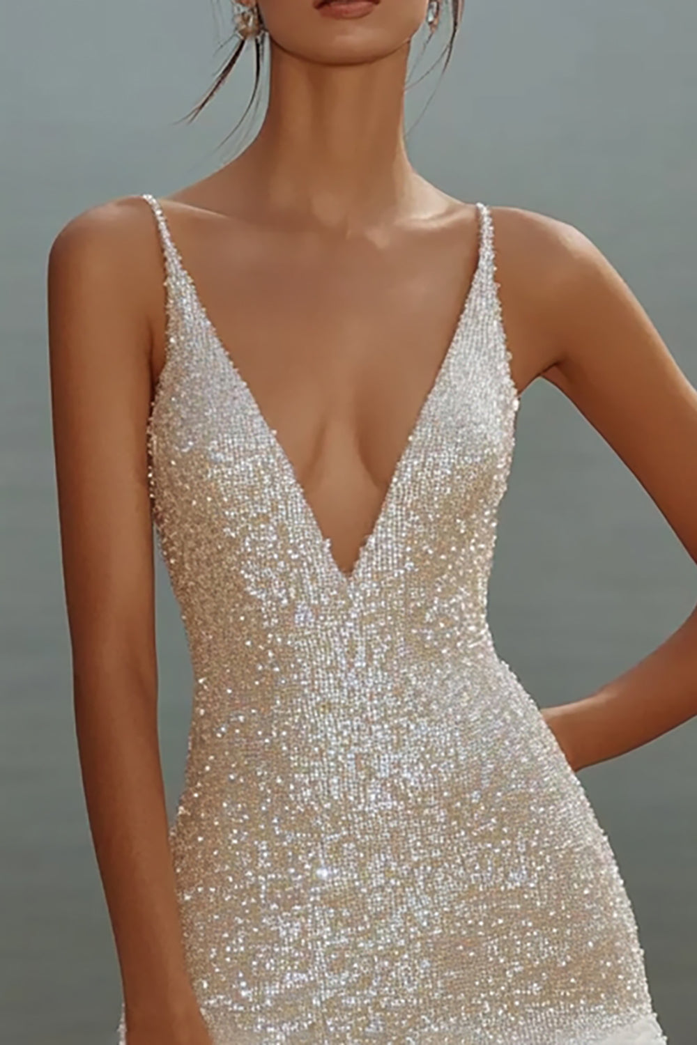 Sparkly White V-Neck Mini Dress With Ruffles