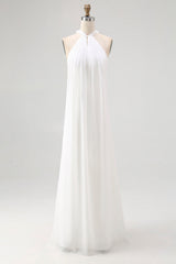 Simple White Halter A Line Chiffon Engagement Dress