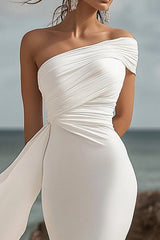 Mermaid One Shoulder Chiffon White Wedding Dress