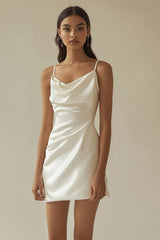 Cowl Neck Satin Short White Graduation Dress