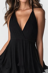 Black V-Neck A Line Ruffled Asymmetrical Dress