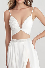 White Two Piece A Line Chiffon Engagement Dress With Slit