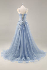 Dusty Blue A Line Strapless Corset Beaded Long Prom Dress with Slit