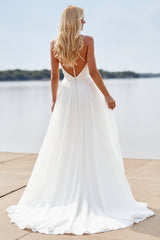White A Line Spaghetti Straps Beach Wedding Dress With Slit