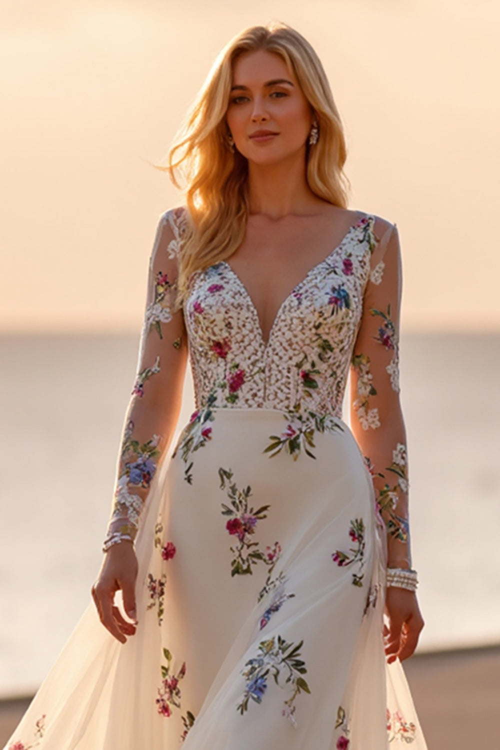 White Floral Long Sleeve A Line Boho Wedding Dress