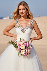 Romantic White A Line Wedding Dress with Flowers