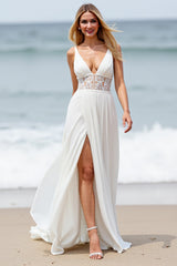Beach A Line Applique White Wedding Dress with Slit
