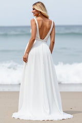 Beach A Line Applique White Wedding Dress with Slit