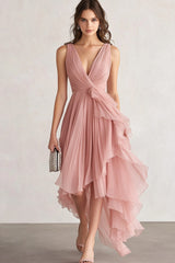 Blush Asymmetrical A Line Wedding Guest Dress With Ruffles